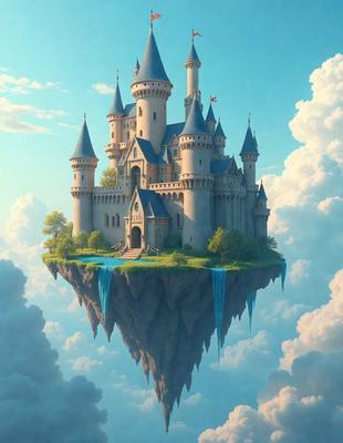 Primary subject: A castle floating in the air.
Setting/background: A blue sky with clouds.
Visual style: Digital art.
Colors and mood: The castle is blue and white, giving it a fairy tale-like appearance. The blue sky and clouds create a serene and whimsical atmosphere.